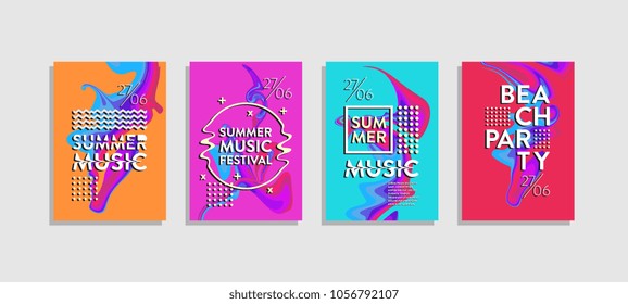 Fluid poster abstract. Trendy summer music festival and beach party. Colorful set.