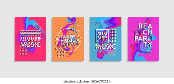 Fluid poster abstract. Trendy summer music festival and beach party. Colorful set.