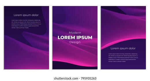 Fluid poster covers set with modern ultraviolet color. Abstract geometrical illustration with blend shapes. Set of three templates.