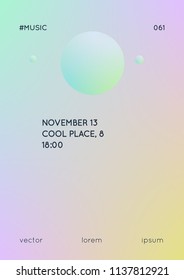 Fluid poster with round shapes. Gradient circles on holographic background. Modern hipster template for placards, covers, banners, flyers, presentations, annual. Minimal fluid poster in neon colors.