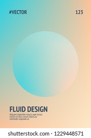 Cartaz fluido com formas redondas. Círculos de gradiente no fundo holográfico. Modelo moderno hipster para cartazes, capas, banners, folhetos, apresentações, anual. Cartaz de fluido mínimo em cores neon.