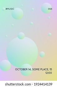 Fluid poster with round shapes. Gradient circles on holographic background. Modern hipster template for placards, covers, banners, flyers, presentations, annual. Minimal fluid poster in neon colors.