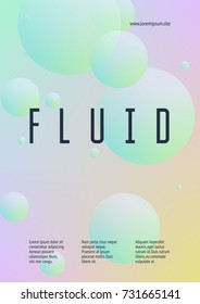 Fluid poster with round shapes. Gradient circles on holographic background. Modern hipster template for placards, covers, banners, flyers, presentations, annual. Minimal fluid poster in neon colors.