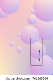 Fluid poster with round shapes. Gradient circles on holographic background. Modern hipster template for placards, covers, banners, flyers, presentations, annual. Minimal fluid poster in neon colors.