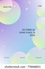 Fluid poster with round shapes. Gradient circles on holographic background. Modern hipster template for placards, covers, banners, flyers, presentations, annual. Minimal fluid poster in neon colors.