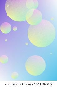 Fluid poster with round shapes and halftone dots texture. Gradient circles on holographic background. Modern template for covers, banners, flyers, presentations. Minimal fluid poster in neon colors.