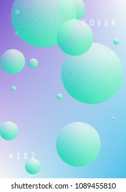 Fluid poster with round shapes and halftone dots texture. Gradient circles on holographic background. Modern template for covers, banners, flyers, presentations. Minimal fluid poster in neon colors.