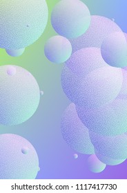 Fluid poster with round shapes and halftone dots texture. Gradient circles on holographic background. Modern template for covers, banners, flyers, presentations. Minimal fluid poster in neon colors.