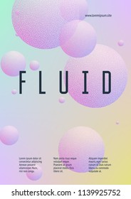 Fluid poster with round shapes and halftone dots texture. Gradient circles on holographic background. Modern template for covers, banners, flyers, presentations. Minimal fluid poster in neon colors.