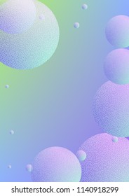 Fluid poster with round shapes and halftone dots texture. Gradient circles on holographic background. Modern template for covers, banners, flyers, presentations. Minimal fluid poster in neon colors.