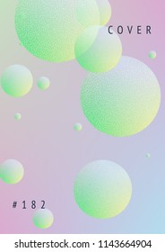 Fluid poster with round shapes and halftone dots texture. Gradient circles on holographic background. Modern template for covers, banners, flyers, presentations. Minimal fluid poster in neon colors.