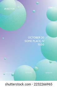 Fluid poster with round shapes and halftone dots texture. Gradient circles on holographic background. Modern template for covers, banners, flyers, presentations. Minimal fluid poster in neon colors.