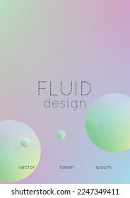 Fluid poster with round shapes and halftone dots texture. Gradient circles on holographic background. Modern template for covers, banners, flyers, presentations. Minimal fluid poster in neon colors.