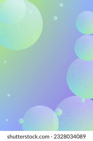 Fluid poster with round shapes and halftone dots texture. Gradient circles on holographic background. Modern template for covers, banners, flyers, presentations. Minimal fluid poster in neon colors.