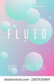 Fluid poster with round shapes and halftone dots texture. Gradient circles on holographic background. Modern template for covers, banners, flyers, presentations. Minimal fluid poster in neon colors.