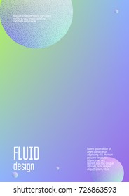 Fluid poster with round shapes and halftone dots texture. Gradient circles on holographic background. Modern template for covers, banners, flyers, presentations. Minimal fluid poster in neon colors.