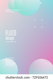 Fluid poster with round shapes and halftone dots texture. Gradient circles on holographic background. Modern template for covers, banners, flyers, presentations. Minimal fluid poster in neon colors.