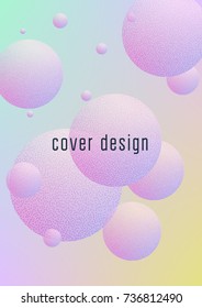 Fluid poster with round shapes and halftone dots texture. Gradient circles on holographic background. Modern template for covers, banners, flyers, presentations. Minimal fluid poster in neon colors.