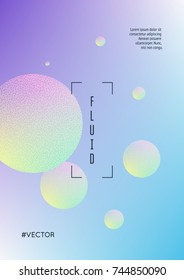 Fluid poster with round shapes and halftone dots texture. Gradient circles on holographic background. Modern template for covers, banners, flyers, presentations. Minimal fluid poster in neon colors.
