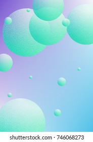 Fluid poster with round shapes and halftone dots texture. Gradient circles on holographic background. Modern template for covers, banners, flyers, presentations. Minimal fluid poster in neon colors.