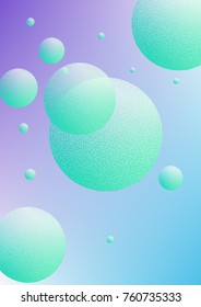 Fluid poster with round shapes and halftone dots texture. Gradient circles on holographic background. Modern template for covers, banners, flyers, presentations. Minimal fluid poster in neon colors.