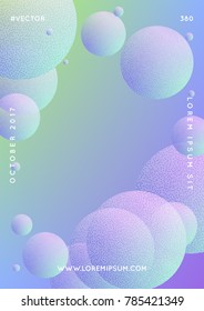 Fluid poster with round shapes and halftone dots texture. Gradient circles on holographic background. Modern template for covers, banners, flyers, presentations. Minimal fluid poster in neon colors.