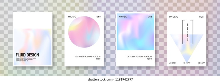 Fluid poster set. Abstract backgrounds. Trendy fluid poster with gradient mesh. 90s, 80s retro style. Iridescent graphic template for placard, presentation, banner, brochure.