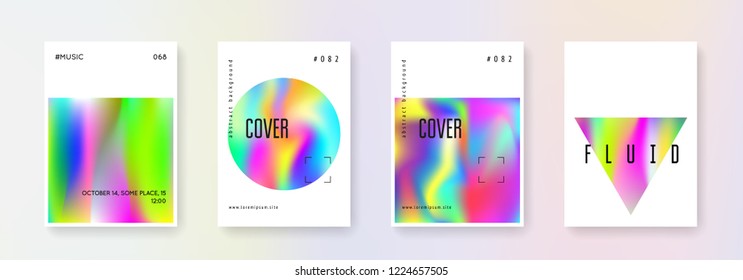 Fluid poster set. Abstract backgrounds. Vintage fluid poster with gradient mesh. 90s, 80s retro style. Iridescent graphic template for brochure, banner, wallpaper, mobile screen