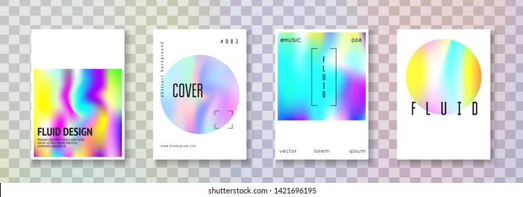 Fluid poster set. Abstract backgrounds. Neon fluid poster with gradient mesh. 90s, 80s retro style. Iridescent graphic template for book, annual, mobile interface, web app.