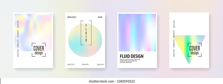 Fluid poster set. Abstract backgrounds. Plastic fluid poster with gradient mesh. 90s, 80s retro style. Pearlescent graphic template for placard, presentation, banner, brochure.