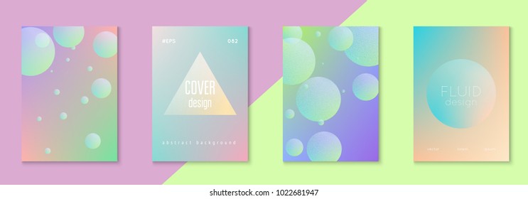 Fluid poster set with round shape. Gradient circles on holographic background. Modern hipster template for placard, cover, banner, flyer, presentation, annual. Minimal fluid poster in neon colors.