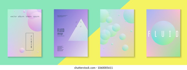 Fluid poster set with round shape. Gradient circles on holographic background. Modern hipster template for placard, cover, banner, flyer, presentation, annual. Minimal fluid poster in neon colors.