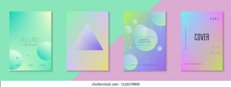 Fluid poster set with round shape. Gradient circles on holographic background. Trendy hipster template for placard, presentation, banner, flyer, brochure. Minimal fluid poster in neon colors.