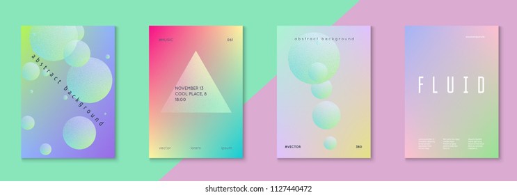 Fluid poster set with round shape. Gradient circles on holographic background. Modern hipster template for placard, presentation, banner, flyer, brochure. Minimal fluid poster in neon colors.