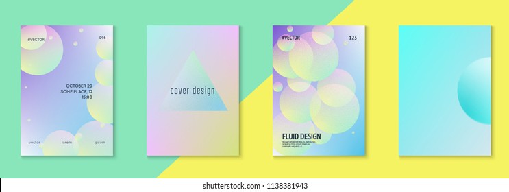 Fluid poster set with round shape. Gradient circles on holographic background. Modern hipster template for placards, banners, flyers, report, brochure. Minimal fluid poster in neon colors.