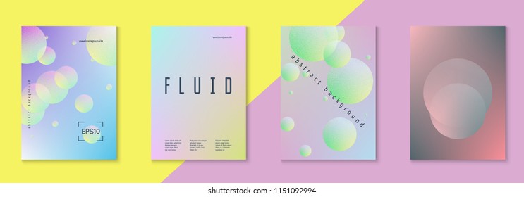 Fluid poster set with round shape. Gradient circles on holographic background. Modern hipster template for placards, banners, flyers, report, brochure. Minimal fluid poster in neon colors.