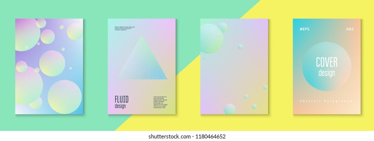 Fluid poster set with round shape. Gradient circles on holographic background. Modern hipster template for placard, presentation, banner, flyer, brochure. Minimal fluid poster in neon colors.