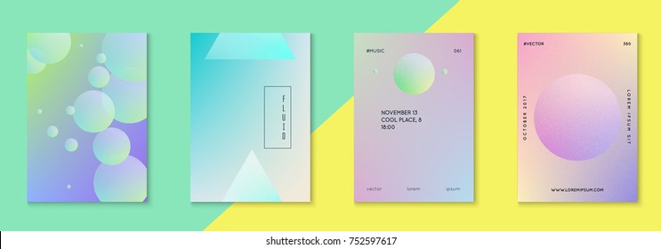Fluid poster set with round shape. Gradient circles on holographic background. Trendy hipster template for placard, presentation, banner, flyer, brochure. Minimal fluid poster in neon colors.