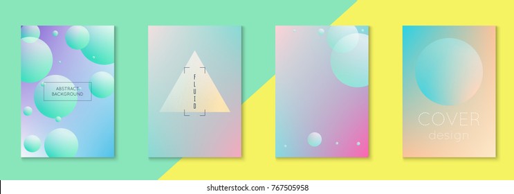 Fluid poster set with round shape. Gradient circles on holographic background. Trendy hipster template for poster, covers, banners, flyers, report, brochure. Minimal fluid poster in neon colors.