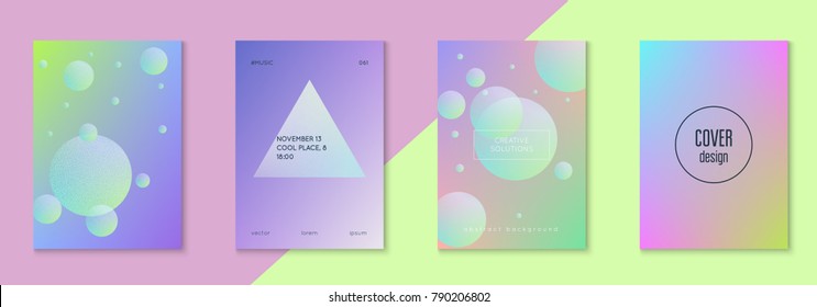 Fluid poster set with round shape. Gradient circles on holographic background. Modern hipster template for placard, cover, banner, flyer, presentation, annual. Minimal fluid poster in neon colors.
