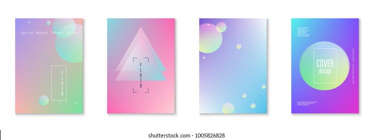 Fluid poster set with round shapes. Gradient circles on holographic background. Modern hipster template for placards, covers, banners, flyers, presentations, annual. Minimal fluid poster in neon color