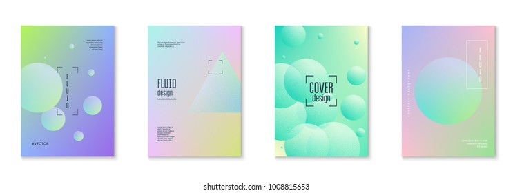 Fluid poster set with round shapes. Gradient circles on holographic background. Modern hipster template for placards, covers, banners, flyers, presentations, annual. Minimal fluid poster in neon color