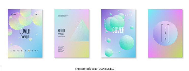 Fluid poster set with round shapes. Gradient circles on holographic background. Modern hipster template for placards, covers, banners, flyers, presentations, annual. Minimal fluid poster in neon color