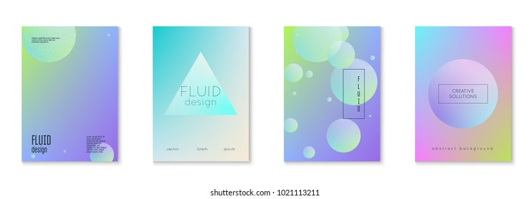 Fluid poster set with round shapes. Gradient circles on holographic background. Modern hipster template for placards, covers, banners, flyers, presentations, annual. Minimal fluid poster in neon color