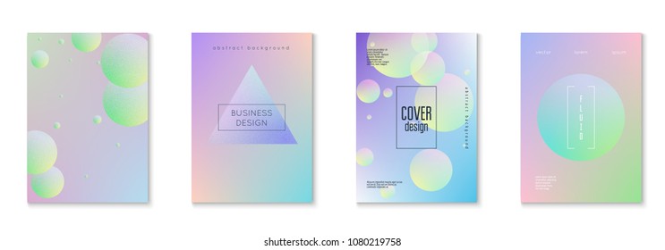 Fluid poster set with round shapes. Gradient circles on holographic background. Modern hipster template for placards, covers, banners, flyers, presentations, annual. Minimal fluid poster in neon color