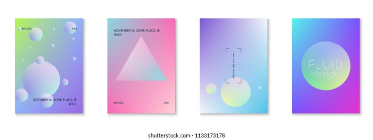 Fluid poster set with round shapes. Gradient circles on holographic background. Modern hipster template for placards, covers, banners, flyers, presentations, annual. Minimal fluid poster in neon color