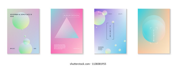 Fluid poster set with round shapes. Gradient circles on holographic background. Modern hipster template for placards, covers, banners, flyers, presentations, annual. Minimal fluid poster in neon color