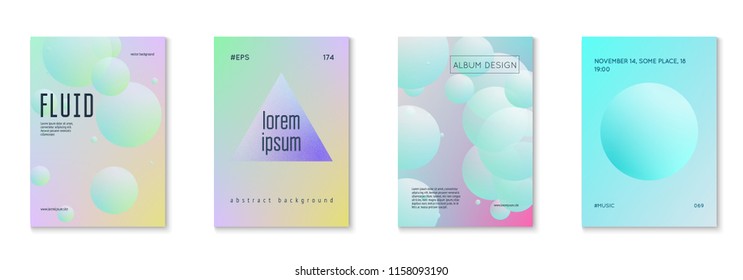Fluid poster set with round shapes. Gradient circles on holographic background. Modern hipster template for placards, covers, banners, flyers, presentations, annual. Minimal fluid poster in neon color