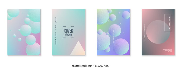 Fluid poster set with round shapes. Gradient circles on holographic background. Modern hipster template for placards, covers, banners, flyers, presentations, annual. Minimal fluid poster in neon color