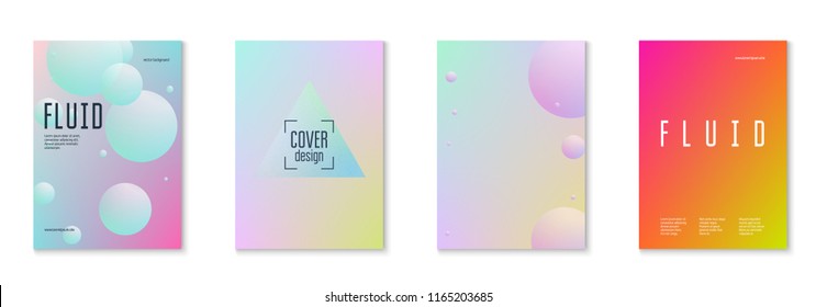 Fluid poster set with round shapes. Gradient circles on holographic background. Modern hipster template for placards, covers, banners, flyers, presentations, annual. Minimal fluid poster in neon color